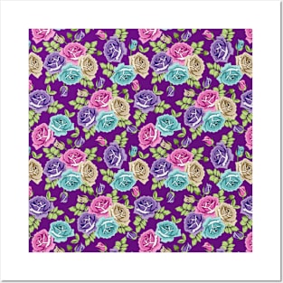 Botanical Roses Seamless Pattern On Purple Background Posters and Art